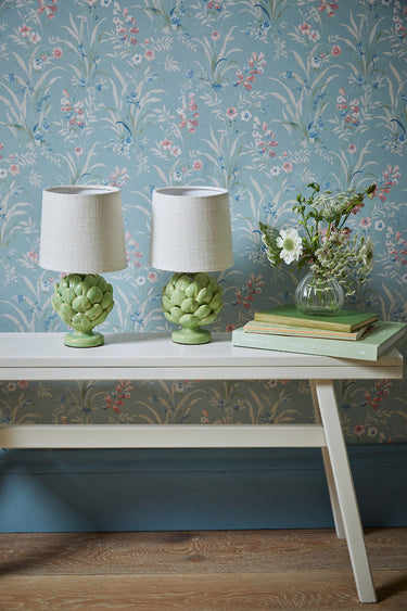 Laura Ashley Artichoke Table Lamp Green Ceramic with Natural Linen Shade - Set of 2