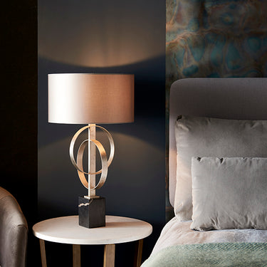 Cortez Table Lamp Antique Silver & Mink Satin Shade
