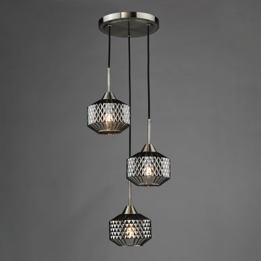 Fabrienne 3 Light Cluster Pendant, Satin Nickel & Smoked Glass