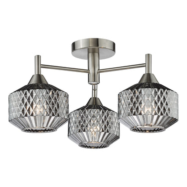 Fabrienne 3 Light Semi Flush, Satin Nickel & Smoked Glass