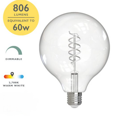ES (E27) 8 Watt G125 Clear White Filament LED Dimmable