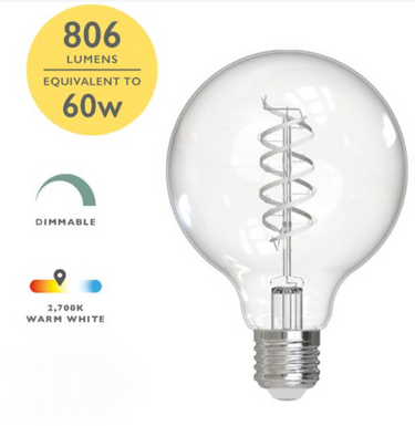 ES (E27) 8 Watt G95 Clear White Filament LED Dimmable