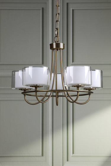 Laura Ashley Southwell Antique Brass 5 Light Chandelier & Glass Shades