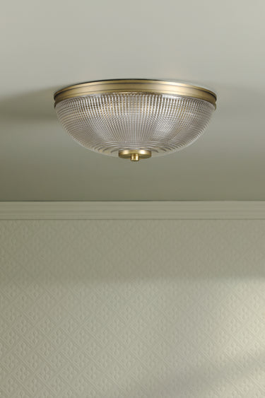 Laura Ashley Langdon 2 Light Flush Matt Antique Brass and Textured Glass IP44