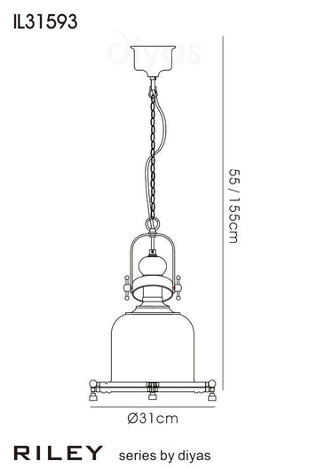 Riley Single Small Bell Pendant Antique Brass/Cognac Glass