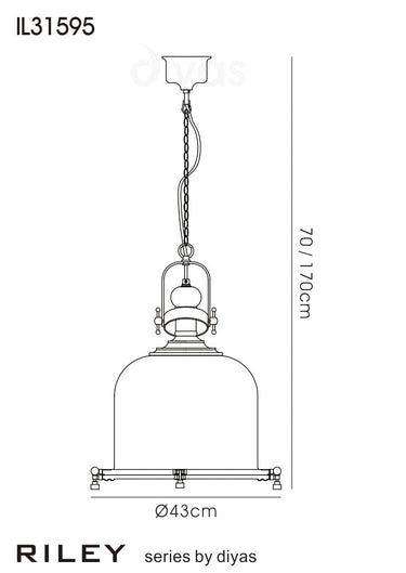 Riley Single Large Bell Pendant Antique Brass/Cognac Glass