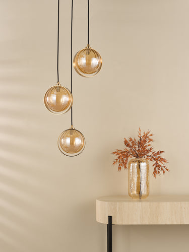 Ophira 3 Light Cluster Pendant Antique Gold and Amber Ribbed Glass
