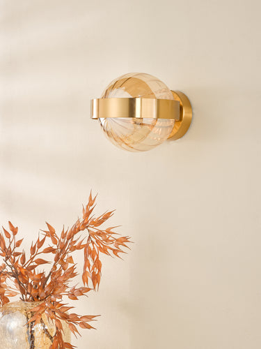 Ophira Wall Light Antique Gold and Amber Ribbed Glass
