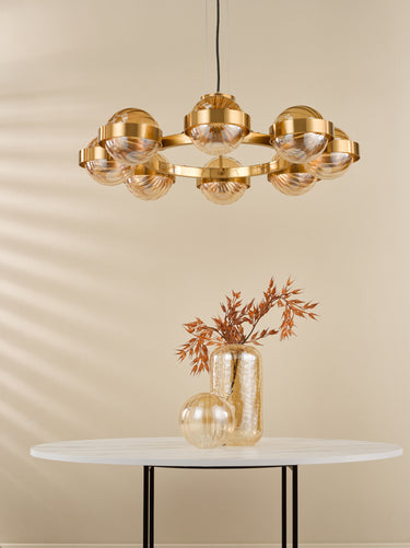 Ophira 8 Light Pendant Antique Gold and Amber Ribbed Glass