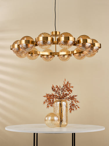 Ophira 12 Light Pendant Antique Gold and Amber Ribbed Glass
