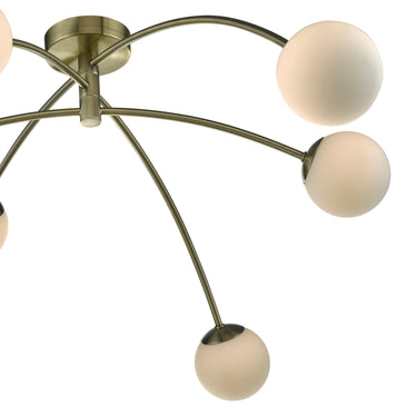 Puglia 6 Light Semi Flush Antique Brass & Opal Glass