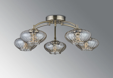 Rowan 5 Light Semi Flush Antique Brass & Cognac Glass
