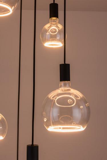 Nimbus 6 Light Spiral Pendant, All Black - Complete with a mixture of Clear Nimbus Bulbs