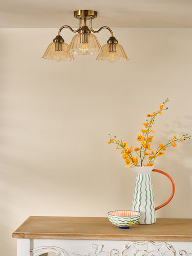 Erika 3 Light Semi Flush Antique Bronze & Amber Glass